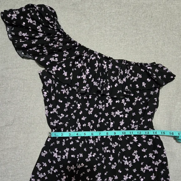 LEITH Floral One Shoulder Ruffle Asymmetric Hem Dress Black Lavender Size Medium - Picture 10 of 15